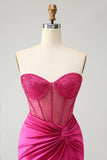 Fuchsia Tight Beaded Corset Strapless Satin Prom Dress with Slit