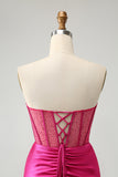 Fuchsia Tight Beaded Corset Strapless Satin Prom Dress with Slit