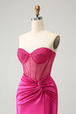 Fuchsia Tight Beaded Corset Strapless Satin Prom Dress with Slit