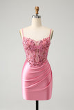 Sparkly Pink Tight Corset Satin Short Prom Dress with Appliques