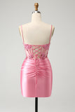 Sparkly Pink Tight Corset Satin Short Prom Dress with Appliques