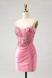 Sparkly Pink Tight Corset Satin Short Prom Dress with Appliques