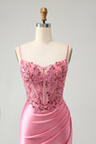 Sparkly Pink Tight Corset Satin Short Prom Dress with Appliques