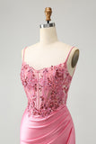 Sparkly Pink Tight Corset Satin Short Prom Dress with Appliques