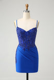 Royal Blue Spaghetti Straps Tight Satin Prom Dress with Beading