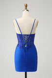 Royal Blue Spaghetti Straps Tight Satin Prom Dress with Beading