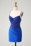 Royal Blue Spaghetti Straps Tight Satin Prom Dress with Beading