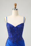 Royal Blue Spaghetti Straps Tight Satin Prom Dress with Beading