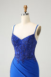 Royal Blue Spaghetti Straps Tight Satin Prom Dress with Beading