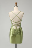 Light Green Tight Spaghetti Straps Prom Dress with Criss Cross Back