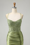 Light Green Tight Spaghetti Straps Prom Dress with Criss Cross Back