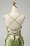 Light Green Tight Spaghetti Straps Prom Dress with Criss Cross Back