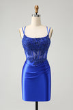 Royal Blue Corset Spaghetti Straps Satin Tight Short Prom Dress