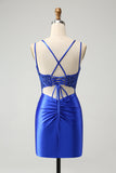 Royal Blue Corset Spaghetti Straps Satin Tight Short Prom Dress