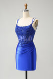 Royal Blue Corset Spaghetti Straps Satin Tight Short Prom Dress