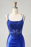 Royal Blue Corset Spaghetti Straps Satin Tight Short Prom Dress