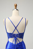 Royal Blue Corset Spaghetti Straps Satin Tight Short Prom Dress