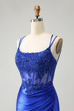 Royal Blue Corset Spaghetti Straps Satin Tight Short Prom Dress