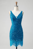 Sparkly Dark Blue Bodycon V Neck Sequin Short Prom Dress with Tassel