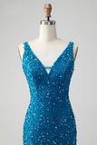 Sparkly Sage Bodycon V Neck Sequin Short Prom Dress with Tassel