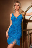 Sparkly Dark Blue Bodycon V Neck Sequin Short Prom Dress with Tassel