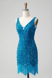 Sparkly Dark Blue Bodycon V Neck Sequin Short Prom Dress with Tassel