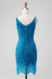 Sparkly Dark Blue Bodycon V Neck Sequin Short Prom Dress with Tassel