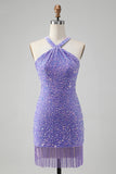 Sparkly Lilac Bodycon Halter Tassel Short Prom Dress with Sequins