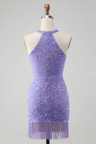 Sparkly Lilac Bodycon Halter Tassel Short Prom Dress with Sequins