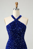 Sparkly Royal Blue Bodycon Halter Sequin Short Prom Dress with Tassel