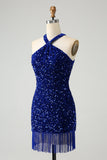 Sparkly Royal Blue Bodycon Halter Sequin Short Prom Dress with Tassel