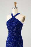 Sparkly Royal Blue Bodycon Halter Sequin Short Prom Dress with Tassel