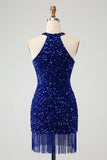 Sparkly Royal Blue Bodycon Halter Sequin Short Prom Dress with Tassel