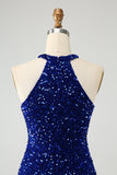 Sparkly Royal Blue Bodycon Halter Sequin Short Prom Dress with Tassel