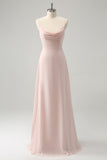 Pink Spaghetti Straps Cowl Neck Chiffon Bridesmaid Dress