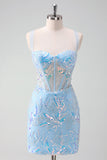 Light Blue Corset Bodycon Short Prom Dress with Sequins