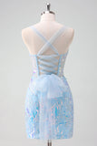 Light Blue Corset Bodycon Short Prom Dress with Sequins