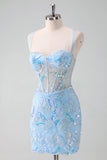 Light Blue Corset Bodycon Short Prom Dress with Sequins