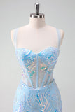 Light Blue Corset Bodycon Short Prom Dress with Sequins