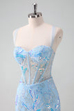 Light Blue Corset Bodycon Short Prom Dress with Sequins