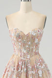 Luxurious A Line Sweetheart Champagne Corset Prom Dress with Appliques