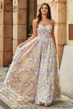 Luxurious A Line Sweetheart Corset Champagne Prom Dress with Appliques