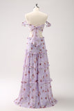 Grey Purple A-Line Cut Out Tiered Floral Printed Bridesmaid Dress