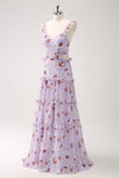 Grey Purple A-Line Tiered Floral Bridesmaid Dress