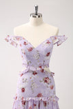 Grey Purple A-Line Cut Out Tiered Floral Printed Bridesmaid Dress