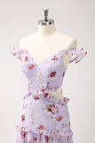 Grey Purple A-Line Tiered Floral Bridesmaid Dress