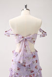 Grey Purple A-Line Cut Out Tiered Floral Printed Bridesmaid Dress