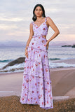 Grey Purple A-Line Cut Out Tiered Floral Printed Bridesmaid Dress