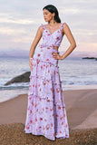 Grey Purple A-Line Cut Out Tiered Floral Printed Bridesmaid Dress