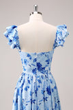 Blue Off the Shoulder A-Line Floral Bridesmaid Dress